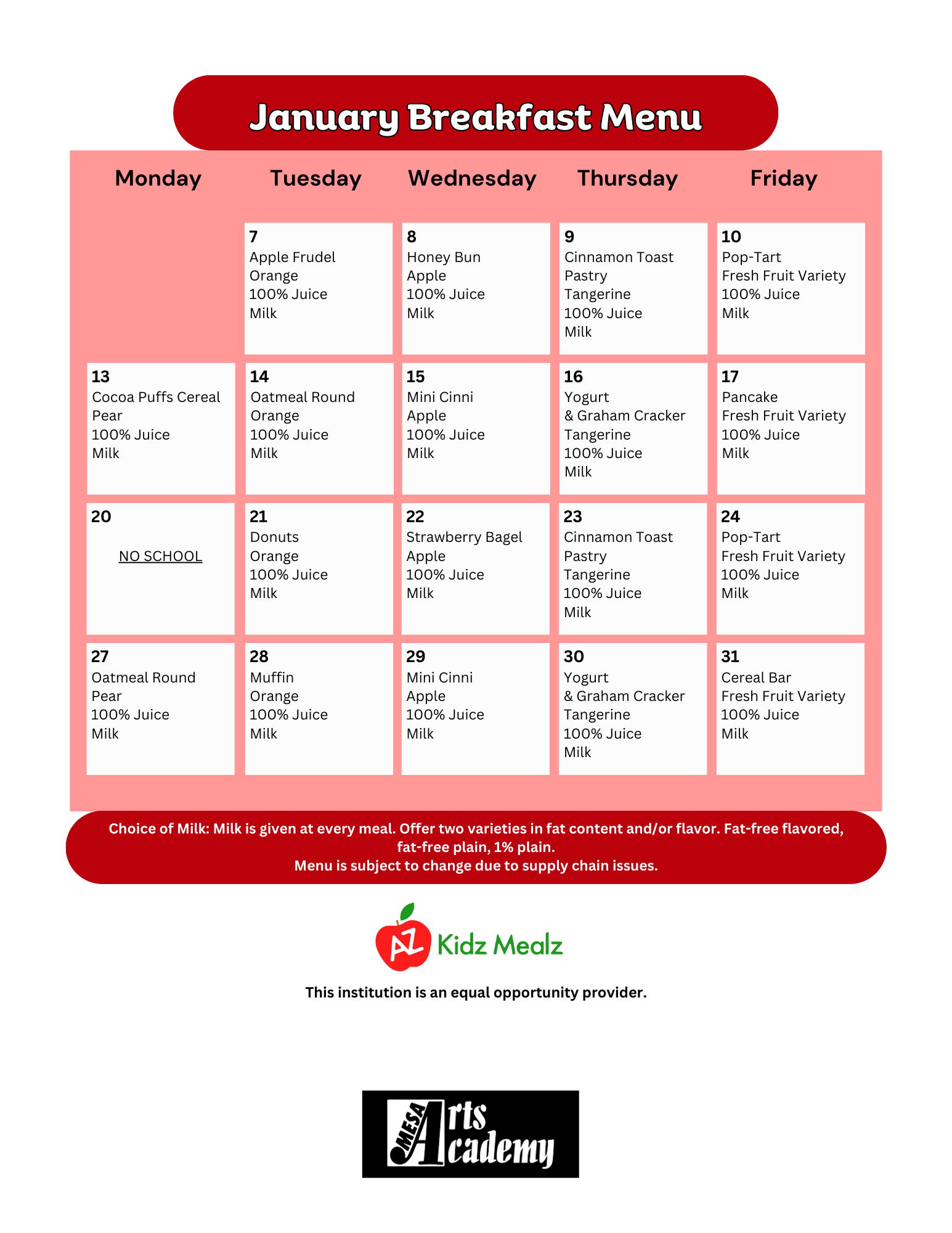 January 2025 Breakfast/Lunch Menu Mesa Arts Academy