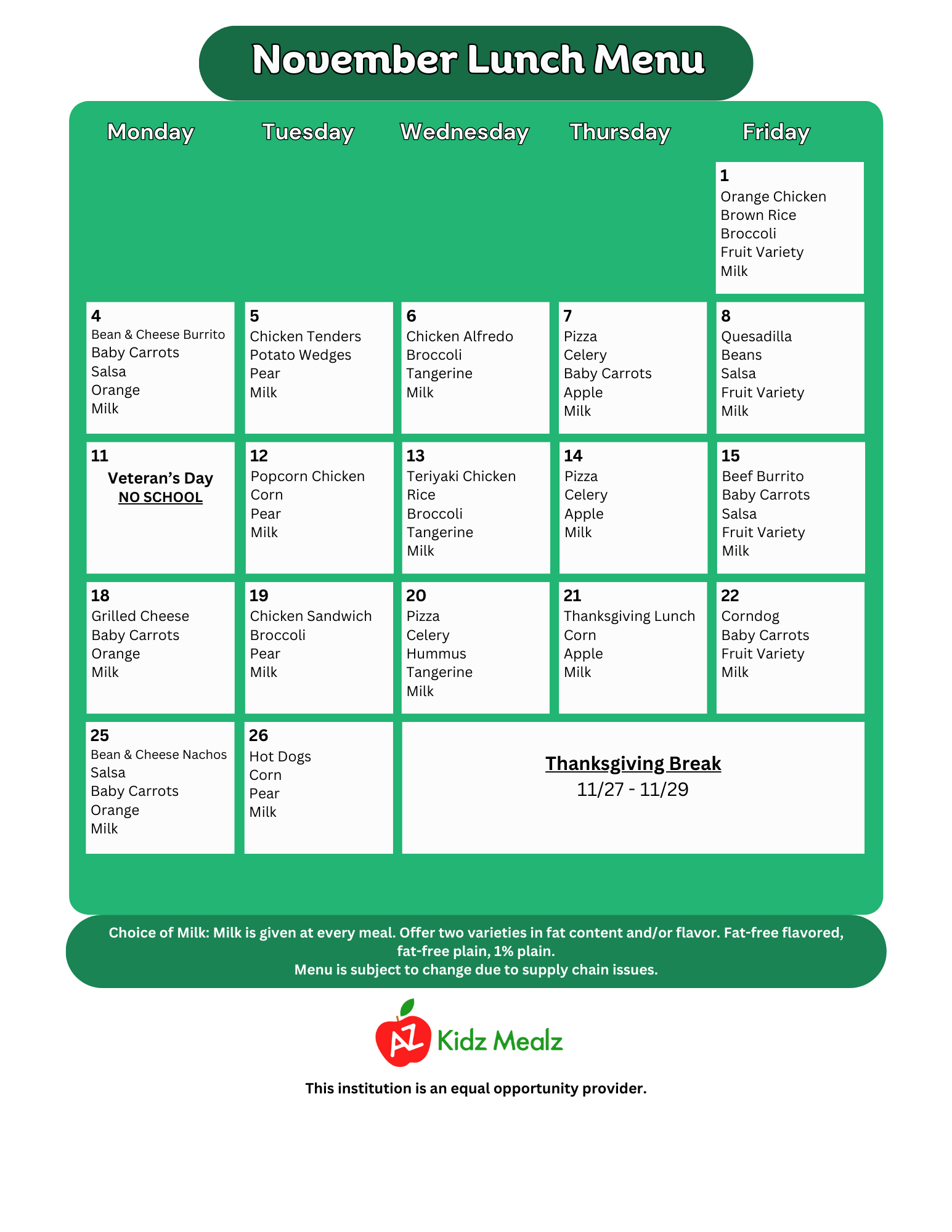 January 2025 Breakfast/Lunch Menu Mesa Arts Academy